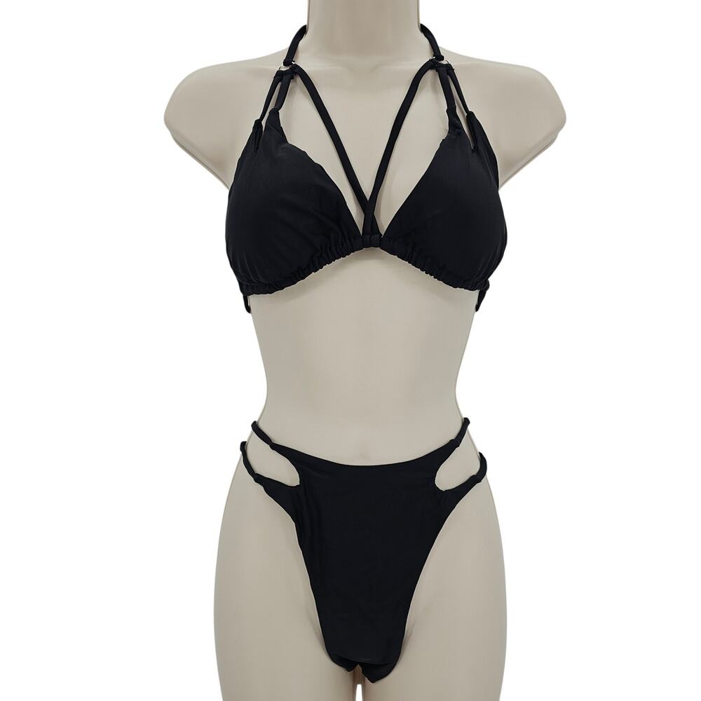 Zando Womans size L String Bikini Halter Tie Thong 2 Piece Swimsuit Black NWOT